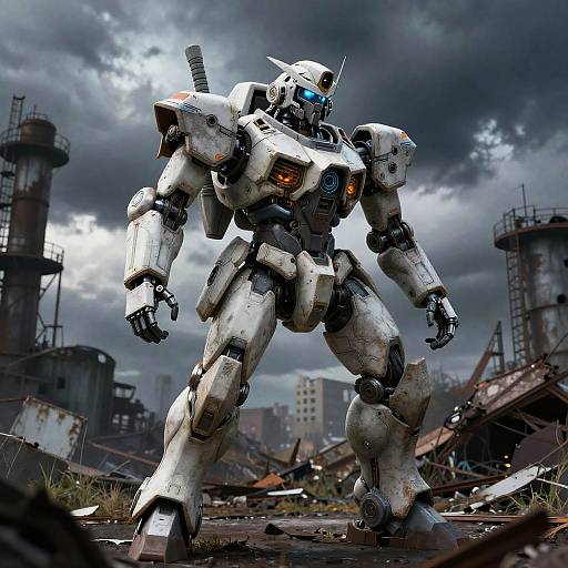 Battle-Worn Mech Pilot in Cyberpunk Scrapyard