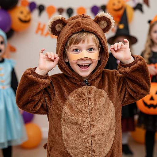 Photograph of a smiling young boy in a brown bear costume, holding carrots, at a Halloween party with blurred festive decorations.