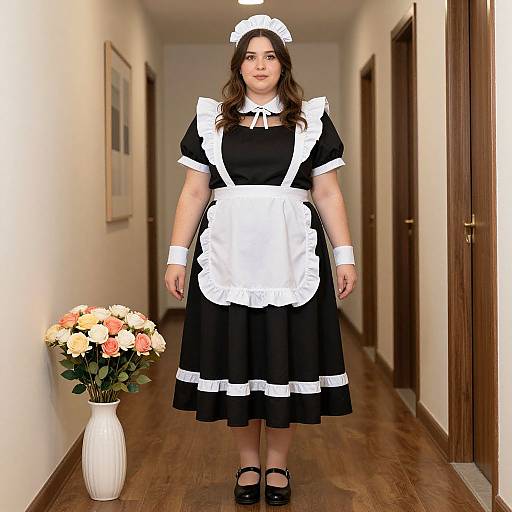 Photograph of a curvy woman in a black and white maid outfit, standing in a hallway with wooden floors, near a vase of roses.