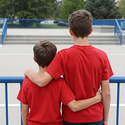 Two Boys in Red Shirts Embracing by Blue Fence