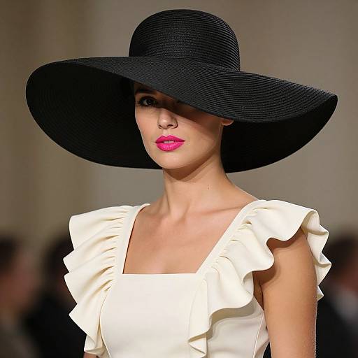 Photograph of a slender woman with fair skin, wearing a large black wide-brimmed hat, white ruffled dress, and bright pink lipstick,