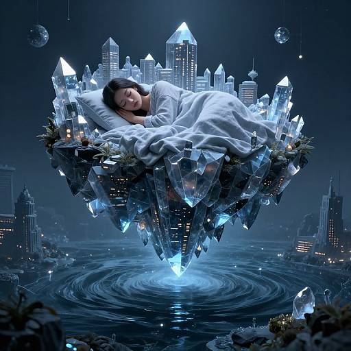 Digital artwork of a sleeping woman in a white blanket, floating on a crystal city above a rippling blue water surface, surrounded by city lights and floating