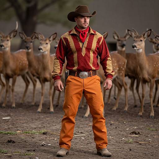 Photograph of a rugged cowboy in a brown hat, red embroidered shirt, and orange pants, standing confidently in front of a group of deer in a