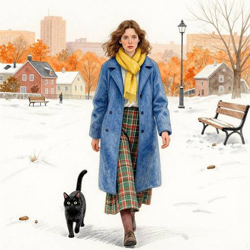 Digital illustration of a curly-haired woman in a blue coat, yellow scarf, and plaid skirt walking a black cat in a snowy suburban park with autumn