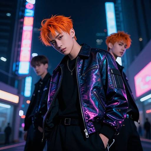 Photograph of three young people with orange hair, wearing black and neon purple leather jackets, standing in a neon-lit urban night street.