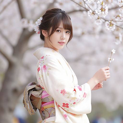 Beautiful Woman in Kimono with Blossoms