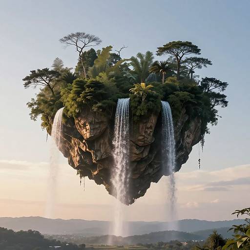 Photograph of a floating rock island with lush greenery, tall trees, and cascading waterfalls, set against a clear blue sky and distant mountains