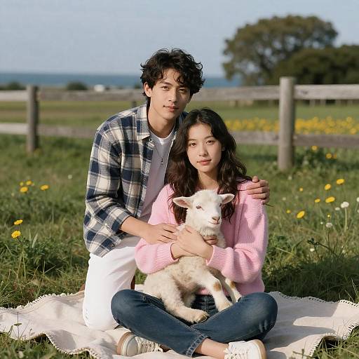 Young Couple with Lamb in Grassy Field