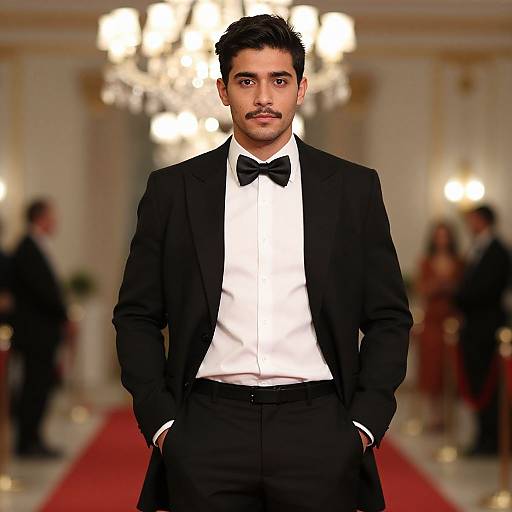 Photograph of a young man with short black hair and mustache, wearing a black tuxedo with bow tie, standing confidently on a red carpet