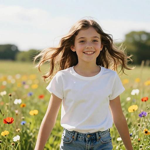 Cheerful Girl Playing in Wildflower Meadow