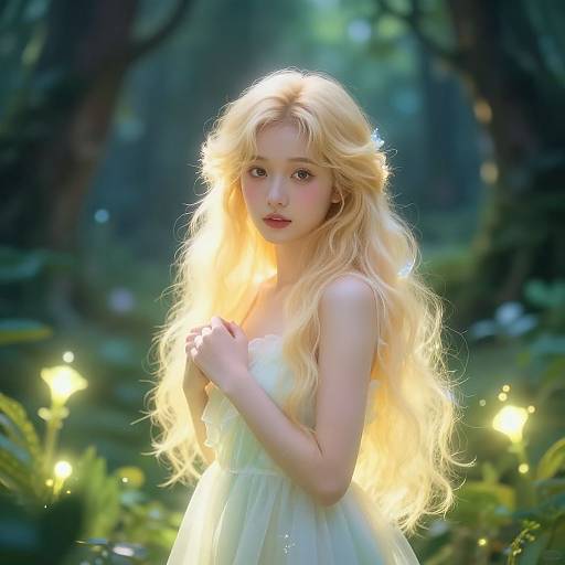 Photorealistic digital artwork of a blonde, fair-skinned young woman with long, glowing hair in a white dress, standing in a magical, lumin