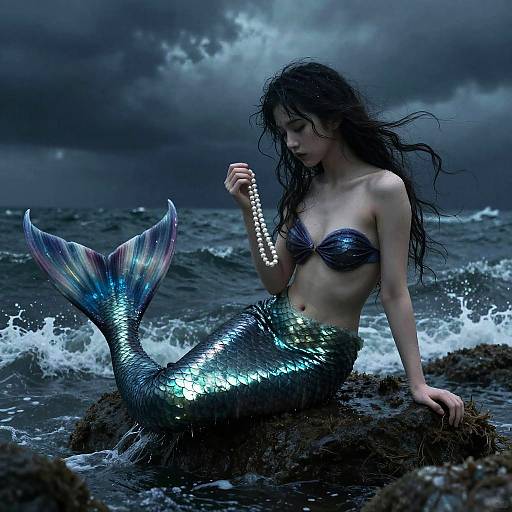Forlorn Mermaid with Pearl Necklace in Stormy Ocean