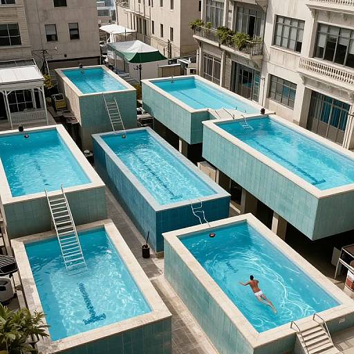 Aerial photograph of six rectangular rooftop swimming pools with bright blue water, surrounded by white tiled edges and ladder access. Urban buildings with balconies and windows