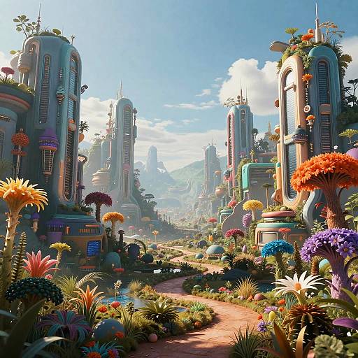 Vibrant, futuristic cityscape with colorful, alien-like buildings adorned with plants, set in a lush, flower-filled garden under a bright blue sky