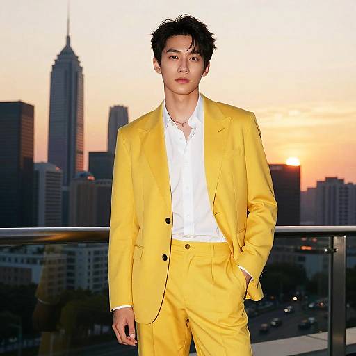 Stylish Man in Yellow Suit at Sunset