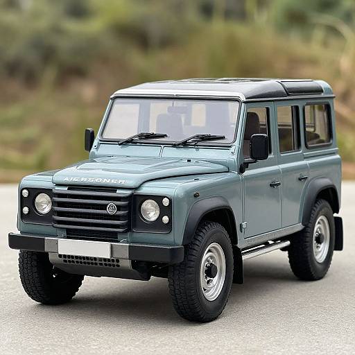 Photograph of a sleek, metallic blue Jeep Wrangler with black accents, large tires, and round headlights, driving on a road with a blurred green