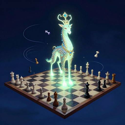 Digital artwork of a glowing, crowned, mythical deer standing on a floating chessboard with black and white pieces, surrounded by floating white birds against a dark
