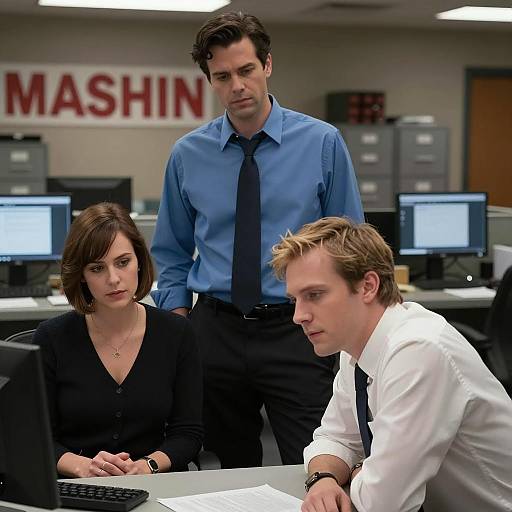 Dimly Lit Office Scene with Three People