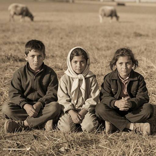 Three Children in Sepia Field