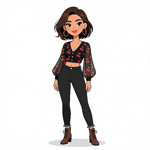 Digital cartoon of a confident woman with fair skin, brown bob haircut, wearing a cherry-patterned black crop top, black high-waisted pants,