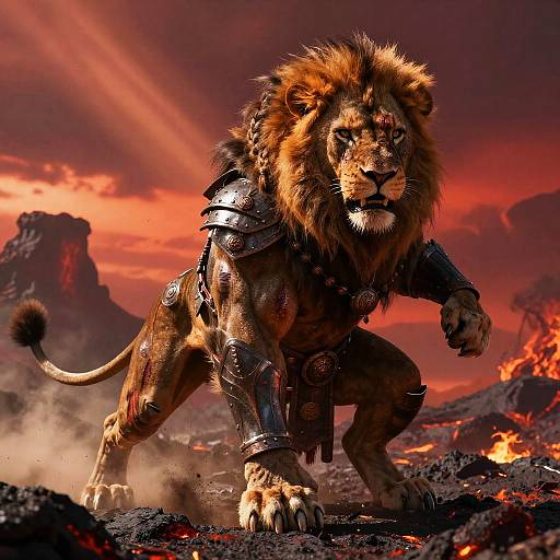 Photorealistic CGI of a fierce, armored lion with a golden mane, roaring in a fiery, volcanic landscape with erupting lava.