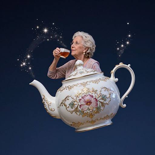 Photograph of an elderly woman with white hair, wearing glasses and a pink blouse, sipping tea from a floating, ornate white teapot with