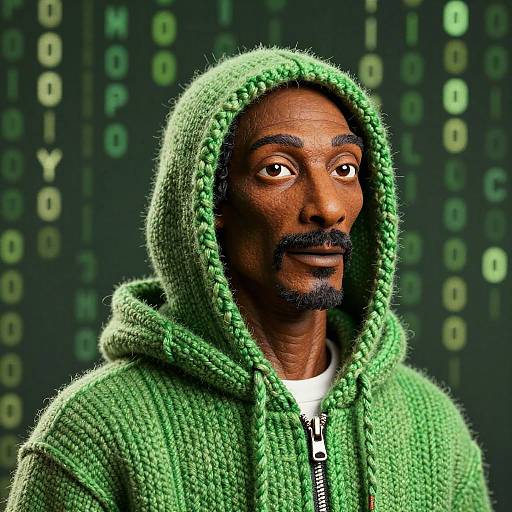 Photograph of a dark-skinned man with a mustache, wearing a green knitted hooded sweater, against a digital binary code background.