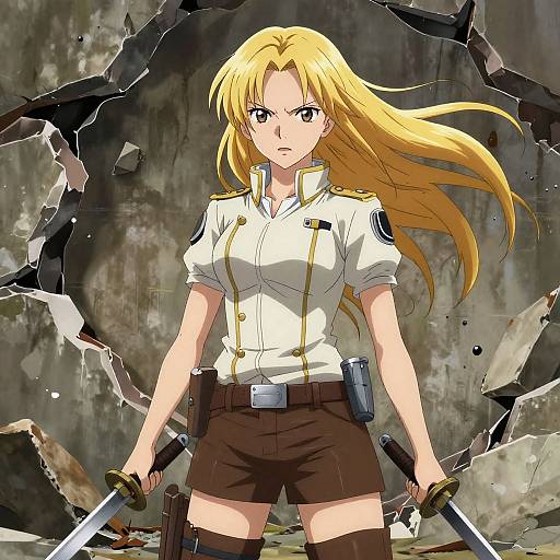 Anime-style drawing of a determined blonde woman with long hair, white shirt, brown shorts, holding two swords, standing amidst a shattered, rocky background.