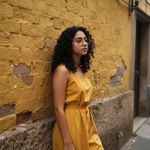 Photograph of a curly-haired woman in a yellow dress, standing against a textured, yellow brick wall with peeling paint. She wears round glasses,