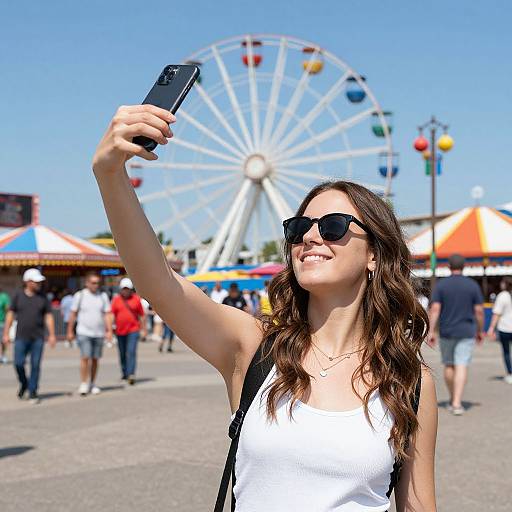 Photograph of a smiling young woman with long brown hair, wearing black sunglasses and a white tank top, taking a selfie at an outdoor fair with a