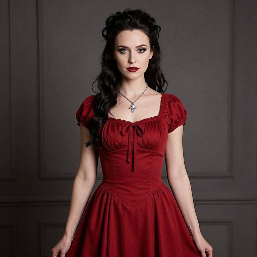 Photograph of a pale-skinned woman with black curly hair, wearing a red, puffed-sleeve dress, cross necklace, and red lipstick