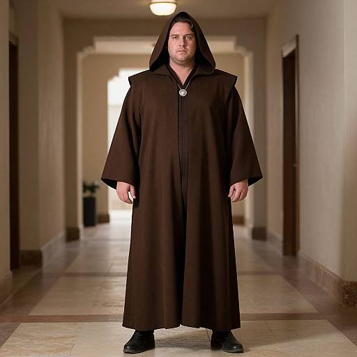Photograph of a man with medium build, dark hair, and light skin, standing in a hallway wearing a long black hooded robe with wide sleeves
