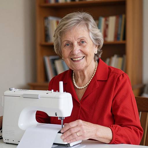 Photograph of an elderly woman with short gray hair, wearing a red blouse and pearl necklace, smiling while sewing on a white machine in a bookshelf