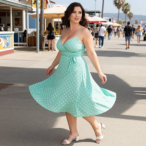Photograph of a curvy woman with fair skin, dark curly hair, and large breasts, wearing a light turquoise, polka dot sundress,