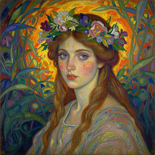 Digital painting of a fair-skinned, blue-eyed, red-haired woman with a floral crown, surrounded by vibrant, swirling plants and a fiery orange halo