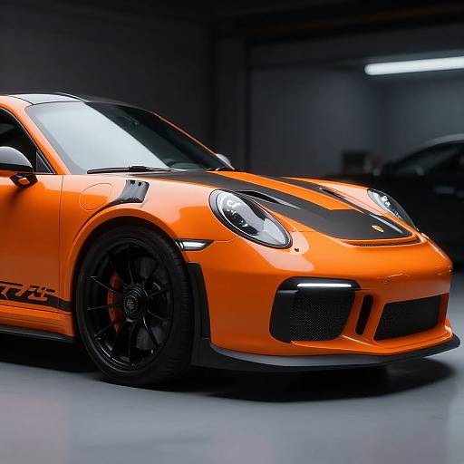 Photograph of a vibrant orange Porsche Cayman with black accents, black rims, and sleek design in a dimly lit garage.