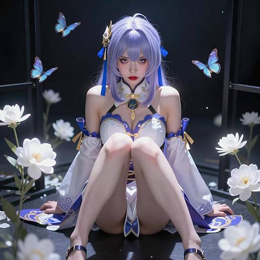 Intense Cosplayer Amid Glowing Flowers