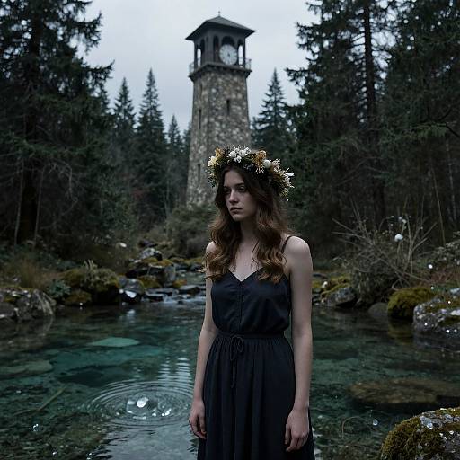 Photograph of a young woman with long brown hair, wearing a black dress and floral crown, standing in a forest stream, with a stone clock tower