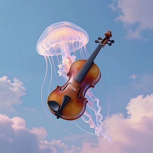 Photorealistic digital artwork of a wooden violin floating in a clear blue sky with fluffy white clouds, surrounded by a glowing, translucent jellyfish.