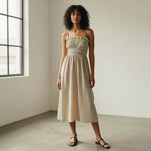 Photograph of a young Black woman with curly hair, wearing a beige, embroidered, sleeveless dress and black sandals, standing in a bright, white