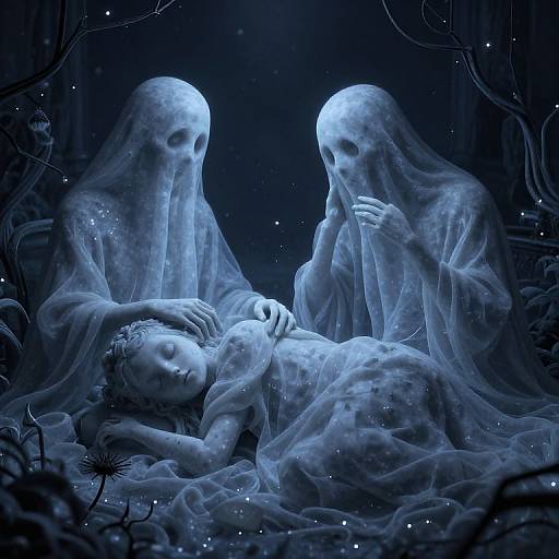 Digital artwork of three translucent ghostly figures in blue light, surrounding a sleeping woman with ethereal hands, in a dark, mystical forest.