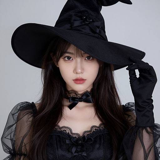 Photograph of an Asian woman in a black witch costume with a wide-brimmed hat, black gloves, lace choker, and sheer dress,