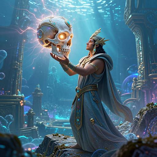 Digital art of a regal, dark-skinned woman in a blue, ornate robe, holding a glowing, electrified mechanical skull in a futuristic