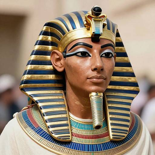 Photograph of an ancient Egyptian-style statue with a dark-skinned face, gold headpiece, blue and gold striped headdress, and colorful collar,