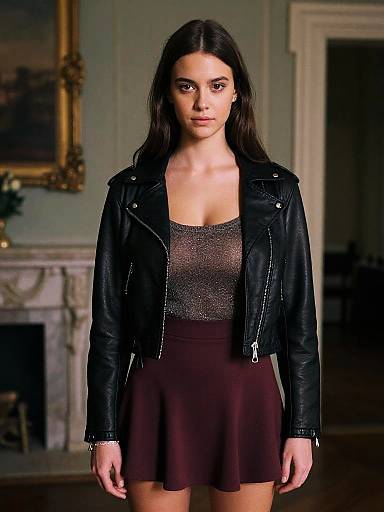 Photograph of a young woman with long dark hair, wearing a black leather jacket over a sparkly brown top and maroon skirt, standing in an