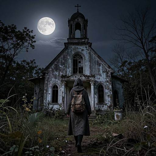 Photograph of a person in a hooded coat and backpack standing in front of an abandoned, moonlit church with a glowing full moon above. Over