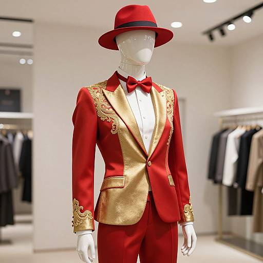 Photograph of a white mannequin wearing a red and gold embroidered tuxedo with a red bow tie and matching red fedora hat, displayed