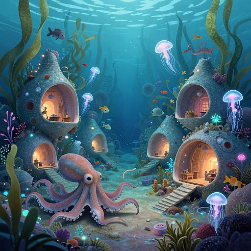 Whimsical underwater scene: colorful octopus, jellyfish, and fish surround glowing, stone-hut houses with warm lights, surrounded by vibrant coral