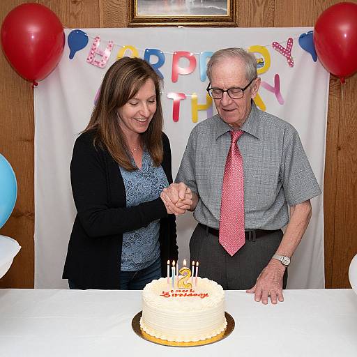 Photograph of an elderly man and woman smiling together, cutting a birthday cake with candles, in front of a 