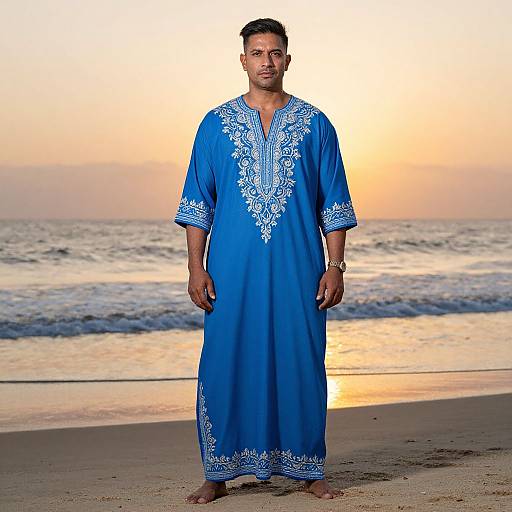 Photograph of a man in a blue traditional kurta with white embroidery, standing barefoot on a beach during sunset.